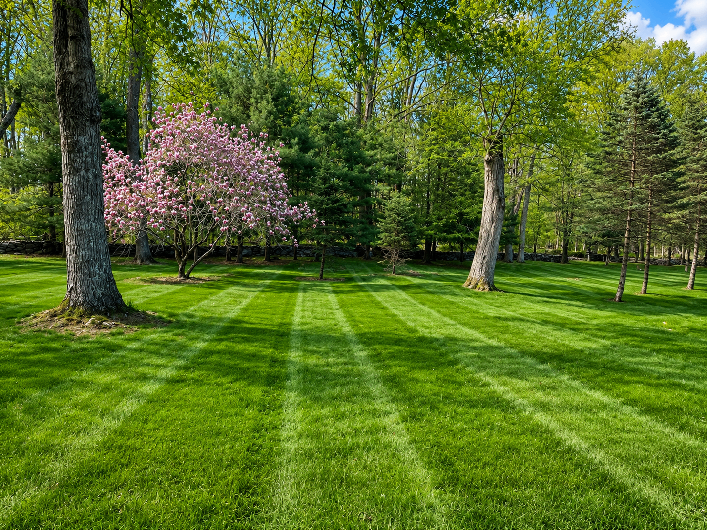 Freshly striped lawn with blooming magnolia