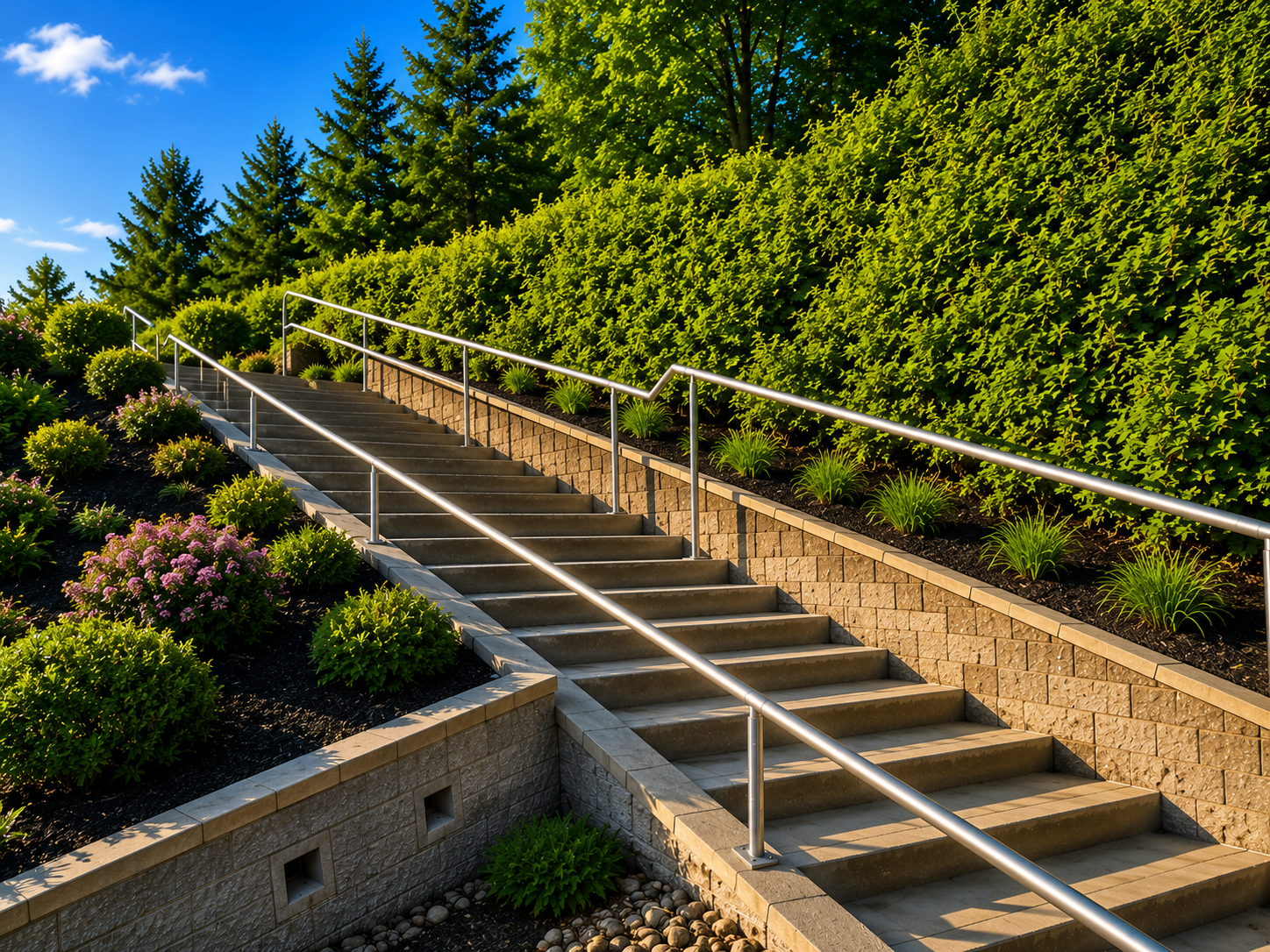 Stone steps and retaining wall leading to home