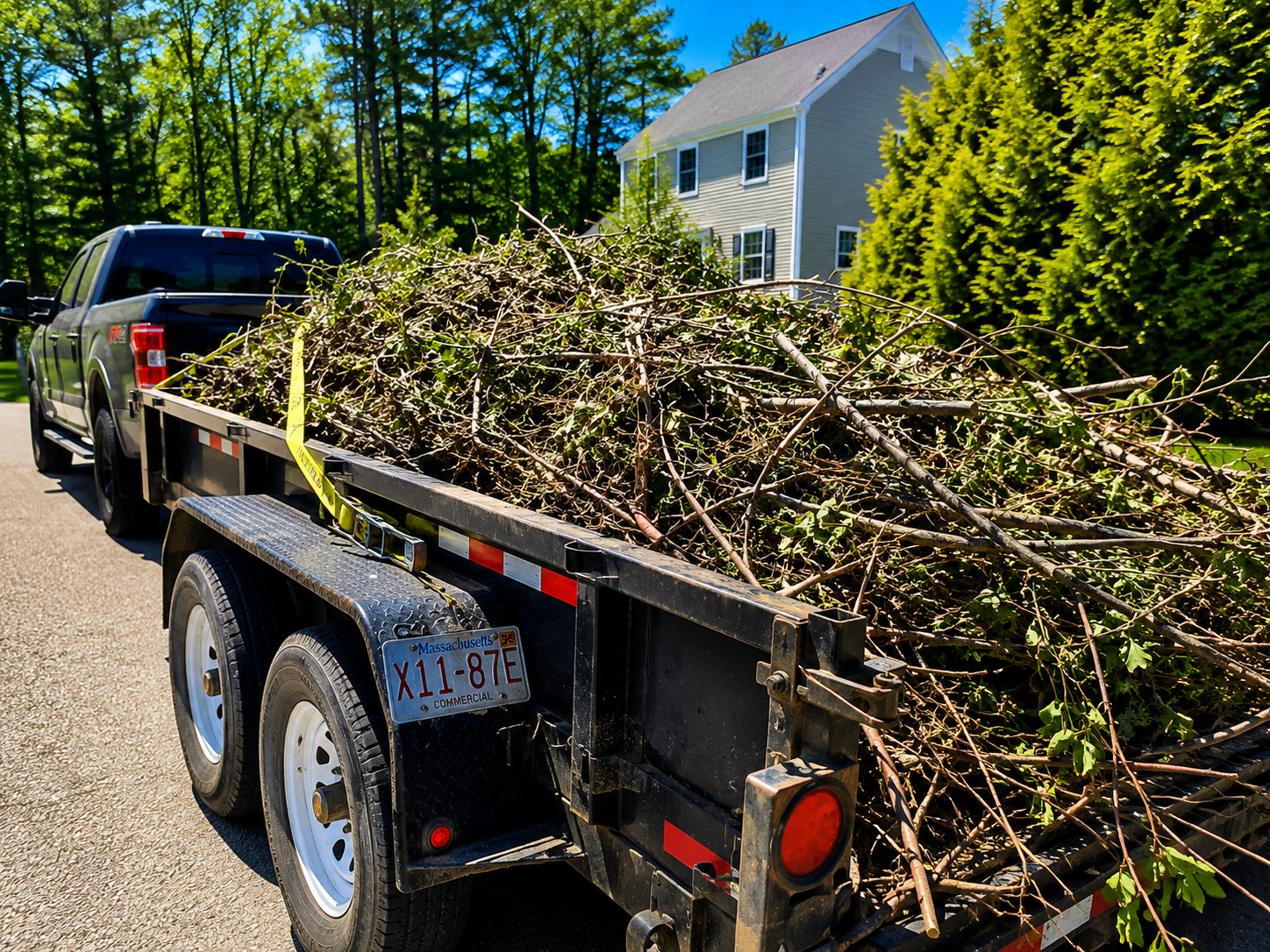 Truck hauling trailer full of cleared brush and branches