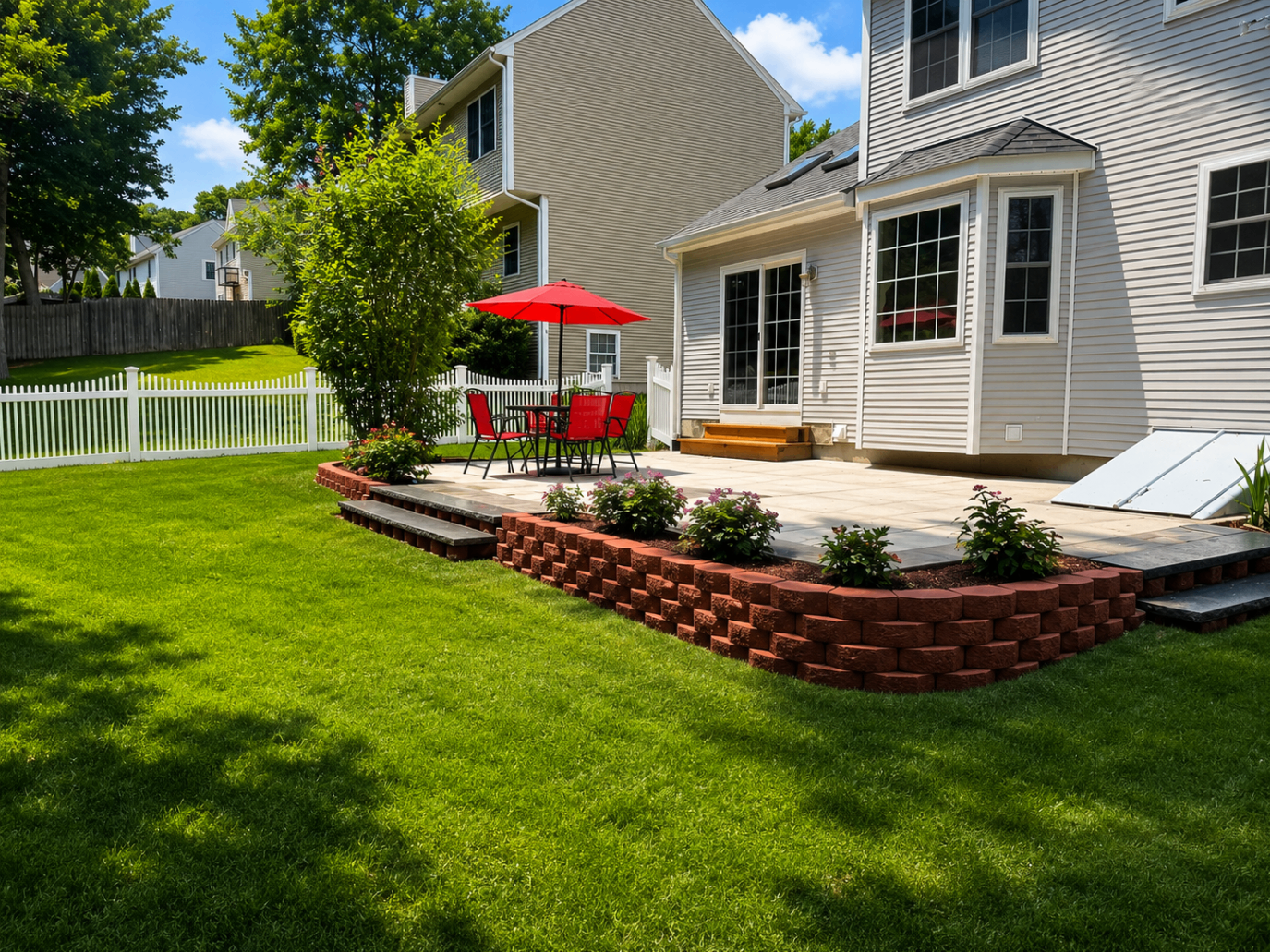 Backyard patio with red umbrella and stone retaining wall