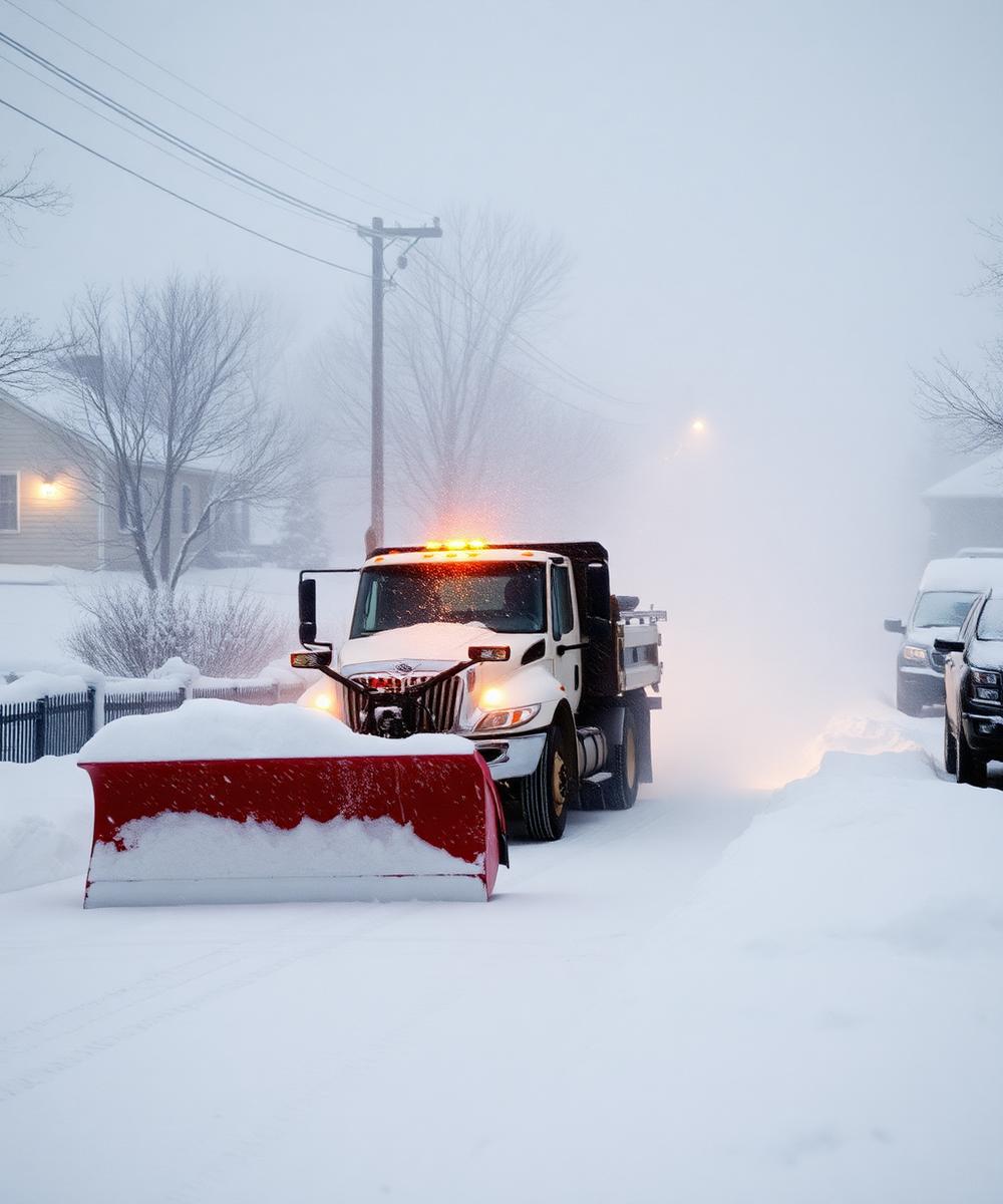 Snow plow clearing driveway