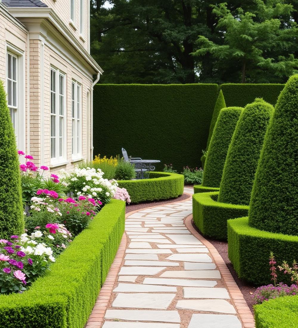 Manicured hedges and flower walkway