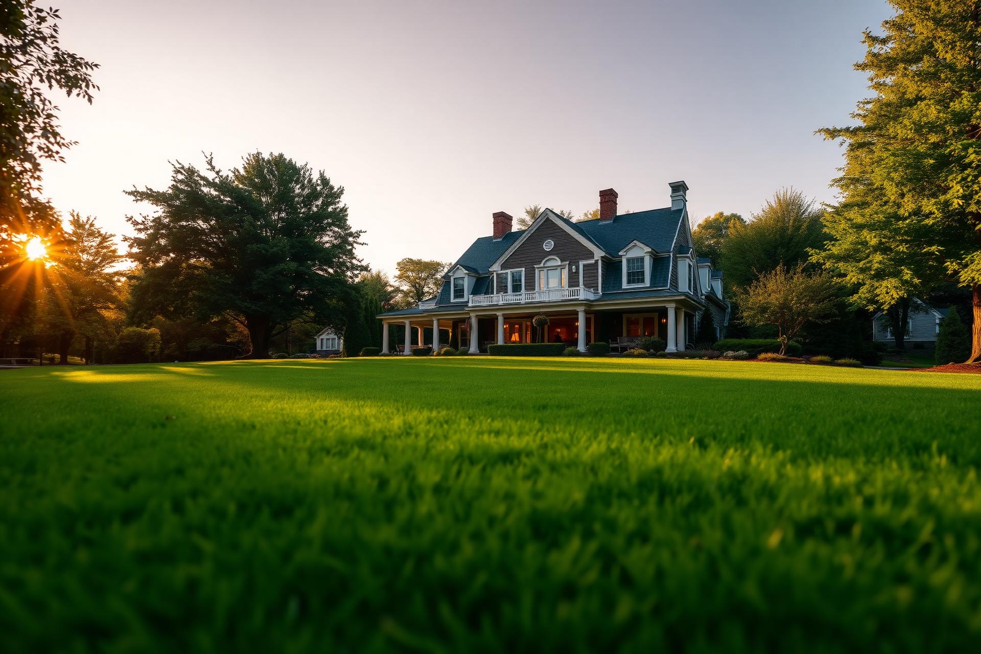 Manicured New England estate lawn at golden hour